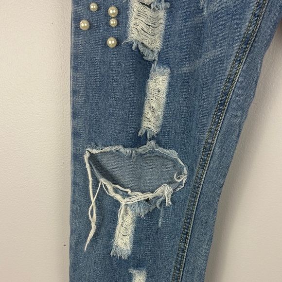 Agolde Blue Pearl Rhinestone Embellished High Rise Distressed Cropped XS Jeans - Picture 6 of 11